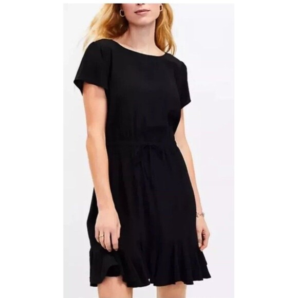 LOFT S Black Godet Flounce Ruffle Viscose Blouson Pleated Swing Dress Whimsigoth - Picture 5 of 16